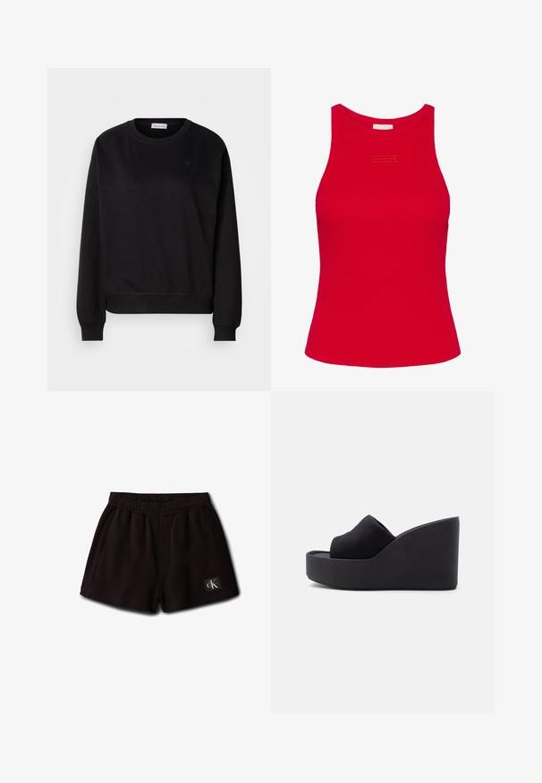 Schwarzer Pullover aus weichem Material, mit rundem Hals, gerippten Bündchen und einem kleinen CK-Logo auf der Brust. Einfaches, minimalistisches Design.; Rotes geripptes Tanktop mit hohem Ausschnitt und taillierter Silhouette. Mit einem subtilen Logo, das auf der Vorderseite gestickt ist. Glatte Textur.; Schwarze elastische Shorts mit Seitentaschen und einem kleinen Calvin Klein Logo-Patch vorne unten links.; Schwarze Keil-Sandalette mit geschlossener Zehenpartie aus Stoff und hoher, durchgehender Sohle vor schlichtem hellen Hintergrund.
