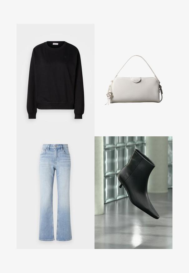 Zwarte sweatshirt gemaakt van zacht materiaal, met een ronde hals, ribgebreide manchetten en een klein CK-logo op de borst. Eenvoudig, minimalistisch ontwerp.; Lichtblauwe denim flared jeans met een hoge taille, contrasterende stiksels, voorvakken en een subtiele vervaging naar de zoom toe.; Zwarte leren enkellaars met spits toelopende neus en lage kittenhak, schuin weergegeven tegen een gepolijste vloer en een glazen blokken muur als achtergrond.; Witte rechthoekige Calvin Klein handtas met enkele handgreep, minimalistisch ontwerp en decoratieve kwastjes met geometrische metalen hanger aan de zijkant.