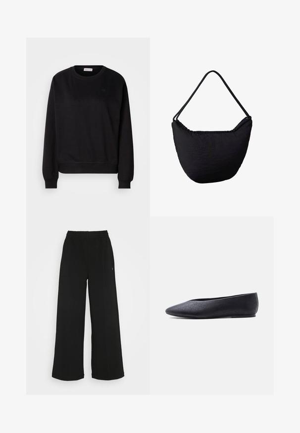 Sort sweatshirt lavet af blødt materiale, med rund hals, ribbede manchetter og et lille CK-logo på brystet. Simpelt, minimalistisk design.; Sorte brede bukser med elastisk talje. Fremstillet af et blødt, let materiale. Har lodrette syninger foran.; Sort flad balletsko med spids tå og subtilt perforeret mønster, vist fra siden på ensartet hvid baggrund.; Sort skuldertaske i stof med en buet bund og tynd dobbelt strop, designet til afslappet eller daglig brug.