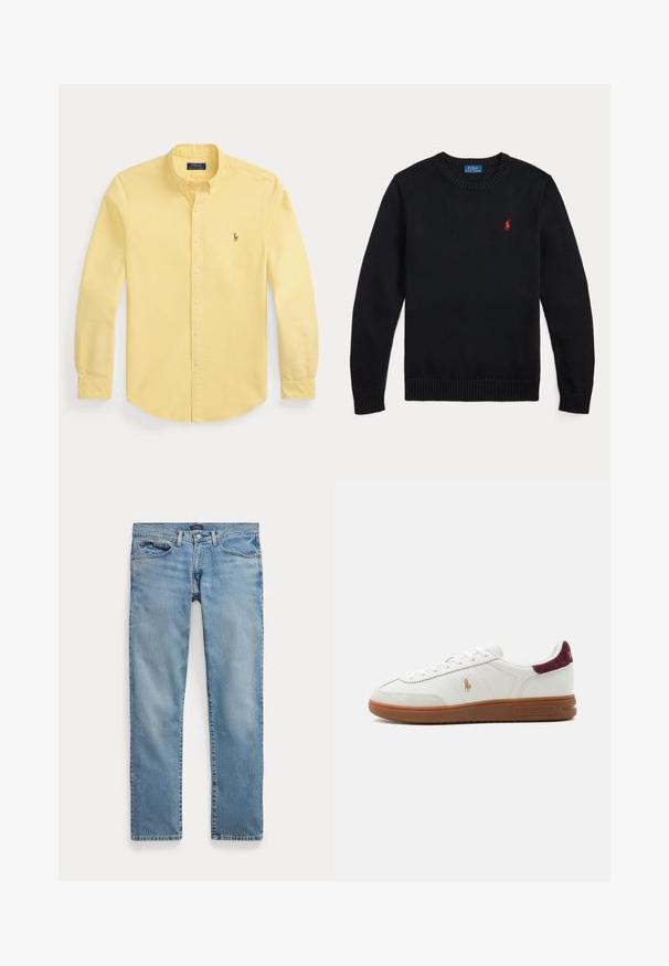 Schwarzer Pullover mit Rundhalsausschnitt und langen Ärmeln, mit gerippten Bündchen und Saum, mit kleinem rotem Polo Ralph Lauren-Logo auf der Brust.; Gelbes langärmliges Hemd mit Knöpfen und Kragen sowie kleinem besticktem Logo auf der linken Brust, flach auf weißem Hintergrund gelegt.; Hellblaue Jeans mit geradem Bein, Vordertaschen und Knopfverschluss, flach auf weißem Hintergrund ausgebreitet.; Weißer Sneaker mit niedriger Schaft und brauner Gummisohle, goldenes Polo-Spieler-Logo an der Seite, weiße Schnürsenkel und bordeauxfarbene Wildleder-Fersenlasche, Marke Ralph Lauren.