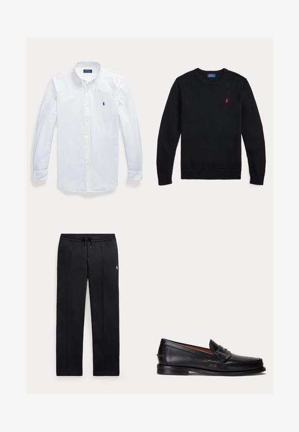 Sort, langærmet crewneck-trøje med ribstrikket manchet og kant, med lille rødt Polo Ralph Lauren-logo på brystet.; Hvid langærmet skjorte med knapper og krave, Polo Ralph Lauren-logo broderet på venstre bryst.; Svarte sweatpants med lige ben, snøre i taljen og lille hvidt logo på venstre lår, vist fladt på lys baggrund.; Sort læderloafer med lav hæl og pennyremdetalje, vist fra siden på en lysegrå baggrund.