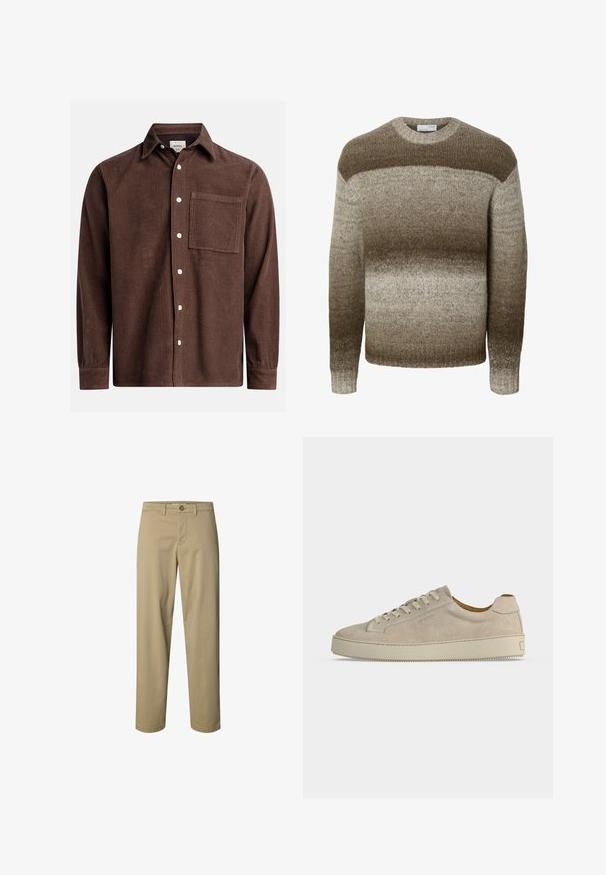 Pull en tricot à manches longues avec col rond présentant des rayures horizontales dégradées dans des tons bruns et beiges.; Chemise en velours côtelé marron avec un col boutonné, poche avant, boutons blancs et manches longues avec des poignets boutonnés. Détail de tissu texturé.; Pantalon beige droit avec fermeture par bouton et zip, passants de ceinture, sans poches visibles, présenté sur fond blanc.; Baskets basses beiges en daim avec fermeture lacée et semelle épaisse en caoutchouc, vues de profil sur fond blanc uni.