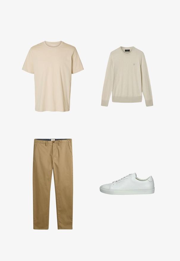 Beige langærmet sweater med rund hals og ribstrikkede manchetter og kant, med en lille broderet logo på venstre bryst.; Beige T-shirt med korte ærmer og rund hals med ensfarvet design, lavet af blødt stof.; Khaki bomuldsbukser med lige pasform, der har sidelommer, knaplukning og et struktureret stof.; Hvide lædersneakers med en glat overflade, rund tå, snørelukning og tekstureret gummisol. Minimalistisk design med en lav profil.
