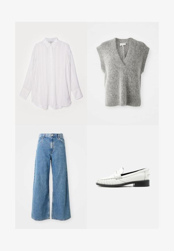 Gilet sans manches en maille grise douce et duveteuse avec un col en V profond et des épaules larges, posé à plat sur un fond blanc.; Chemise blanche à manches longues avec des rayures verticales gris clair, col boutonné et poignets retournés. Tissu doux avec une coupe légèrement oversize.; Jean en denim léger bleu clair à taille haute, avec fermeture à boutons et à glissière à l'avant, et poches avant sur fond blanc.; Mocassin en cuir blanc avec détail cousu sur l'orteil, petit talon noir, et design sans lacets, présenté de profil sur un fond uni.