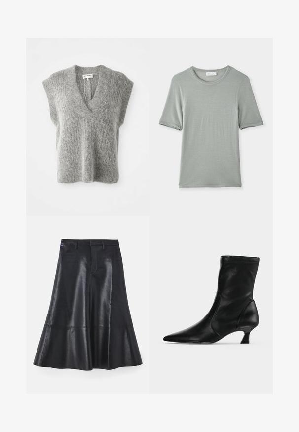 Zachte grijze fuzzy gebreide mouwloze trui zonder mouwen met diepe V-hals en brede schouders, plat liggend op een witte achtergrond.; Korte mouwen, ronde hals t-shirt in lichtgrijs, gemaakt van zachte stof met een gladde textuur en subtiele stiksels op de mouwen en de halslijn.; Zwarte leren rok met een uitlopende ontwerp, middenlengte, met een gladde textuur en discrete stikdetails langs de zoom.; Zwarte leren midkuitlaars met spitse neus en lage kittenhak, zijaanzicht op een effen lichte achtergrond.