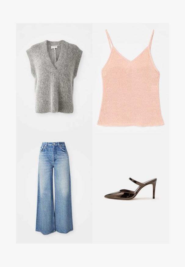 Gilet sans manches en maille grise douce et duveteuse avec un col en V profond et des épaules larges, posé à plat sur un fond blanc.; Camisole en tricot de couleur pêche, avec des bretelles réglables fines, un décolleté en V, une texture côtelée et un ourlet droit.; Jean large en denim bleu clair, avec une taille haute, un design à cinq poches, un lavage dégradé et un ourlet effiloché.; Mule à talon haut marron foncé brillant à bout pointu avec une fine bride sur le coup de pied sur fond blanc uni.