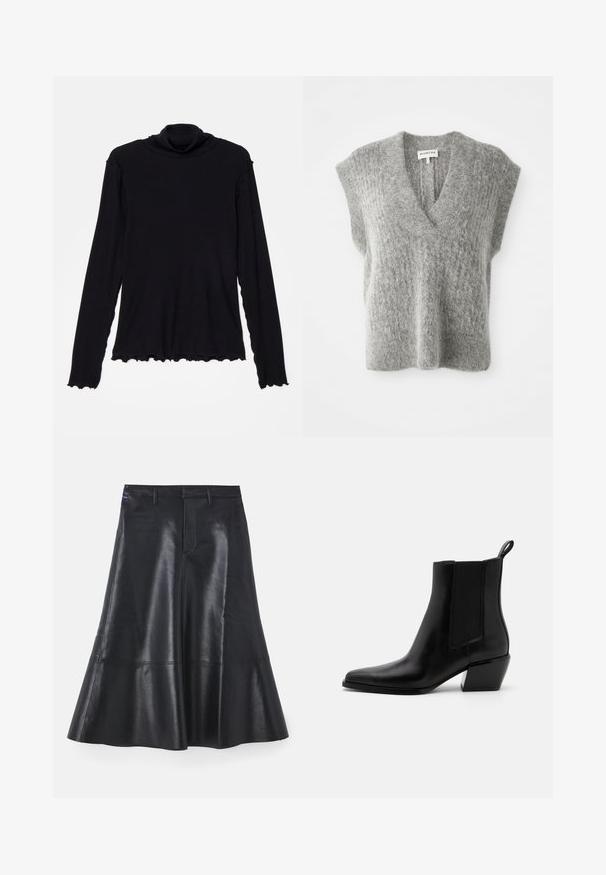 Chaleco de punto gris suave y borroso sin mangas, con escote en V profundo y hombros anchos, colocado plano sobre un fondo blanco.; Rodebjer CISNE - Camiseta de manga larga - black; Falda de piel negra con un diseño acampanado, de longitud media, que presenta una textura suave y detalles de costura discretos a lo largo del dobladillo.; Botas de tobillo de cuero negro con punta afilada, paneles laterales elásticos y un tacón bajo en bloque. Cuenta con una lengüeta en el talón para facilitar su uso.