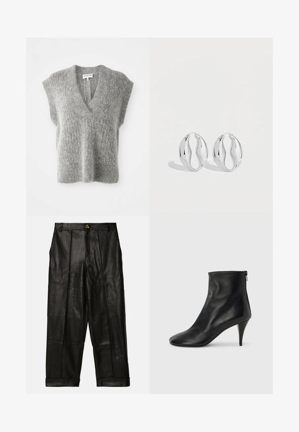 Mäkká sivá chlpatá pletená vesta bez rukávov s hlbokým výstrihom do V a širokými ramenami, položená na bielom pozadí.; AERON ZIMA PANTS - Kožené nohavice - black; Čierne kožené členkové čižmy s hladkou textúrou, špicatou špičkou a úzkym ihličkovým podpätkom. Majú bočný zips pre ľahké obliekanie.; Pár lesklých strieborných kruhových náušníc so skrúteným, vlnitým dizajnom, zobrazených na jednoduchom svetlom pozadí.