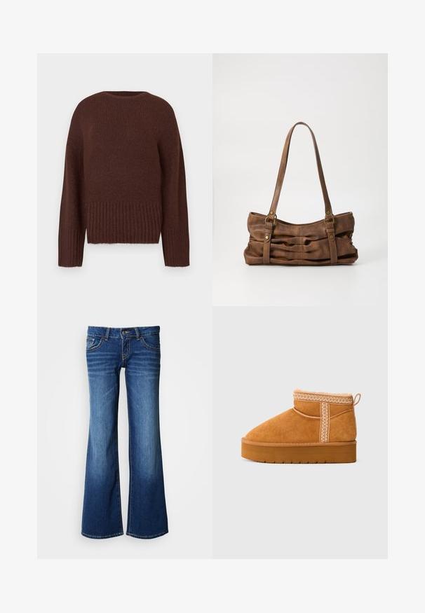 Pull en maille marron avec un ourlet et des manches côtelés. Il possède un col rond et une finition texturée. Design à coupe régulière.; Jeans en denim évasés bleu foncé, dotés d'un design classique à cinq poches, fermeture à boutons et surpiqûres contrastantes. Texture lisse.; Bottine en daim beige avec semelle en caoutchouc épaisse, coutures décoratives, tirette en boucle et doublure moelleuse visible au bord supérieur.; Even&Odd Sac à main - brown