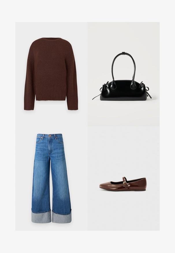 Brun strikket sweater med ribbet kant og ærmer. Har en rund halsudskæring og en tekstureret overflade. Regular fit-design.; Vide ben denim jeans i mellemblå. Har en høj talje, opkrøllede nederste kanter i lysere denim og klassisk fem-lomme design med metal accenter.; Brun patentlæder balletflade med firkantet tå og strop med en lille guldbuckle. Glat tekstur, lav hæl og minimalistisk design.; Lille sort blank håndtaske med to lange håndtag og snøre-detaljer i siden på en ensfarvet lys baggrund.