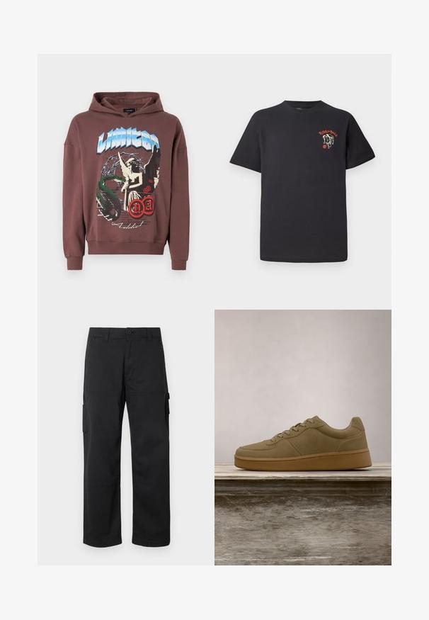 Night Addict Sweatshirt - peppercorn; Sort bomulds T-shirt med rund halsudskæring, korte ærmer og et grafisk design af en hunds ansigt med røde detaljer på brystet.; Sorte cargo bukser med lige ben-design, flere sidelommer og knaplukning. Lavet af slidstærkt, letvægtsstof.; Olivengrøn sneaker med snørebånd, der svæver over en træbænk, med sløret grønt løv i baggrunden.