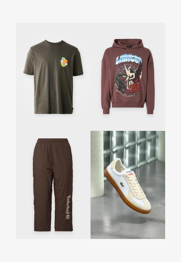 Night Addict Sweatshirt - peppercorn; Dunkelolivgrünes Baumwoll-T-Shirt mit Rundhalsausschnitt. Verfügt über ein farbenfrohes Druckdesign mit kreisförmigen Motiven im linken Brustbereich.; Braune Nylonhosen mit einem elastischen Bund. Verfügt über ein vertikales Timberland-Logo in Hellbeige. Glatte Textur, Knöchelfreiheit mit Reißverschlüssen zur Anpassung der Passform.; Weißer Ledersneaker mit beigen Wildleder-Akzenten, cremefarbenen Schnürsenkeln und brauner Gummisohle. Mit grünem Logo an der Seite und bunter Markenkennzeichnung.