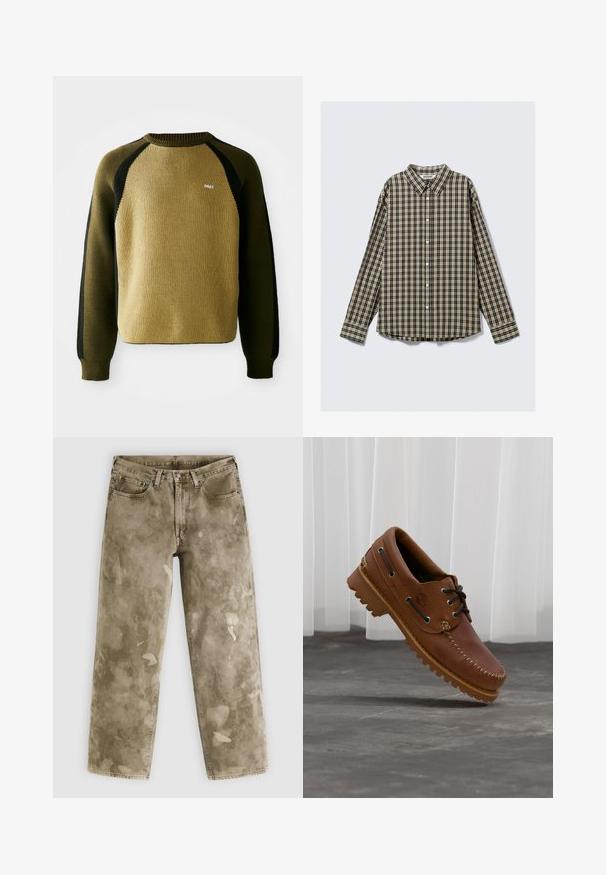 Pull en maille vert olive et noir avec des manches raglan, col rond côtelé et petit logo blanc sur la poitrine. Tissu texturé.; Chemise à manches longues avec un motif à carreaux dans des tons de bleu foncé, beige et noir, avec un col évasé et un ourlet arrondi.; Jean large couleur kaki avec une texture usée, présentant des éclaboussures de peinture claires et un design à cinq poches. Confectionné en denim.; Chaussure de bateau en cuir marron avec des lacets noirs, des coutures beiges et une semelle robuste, suspendue au-dessus d'un sol en béton gris.
