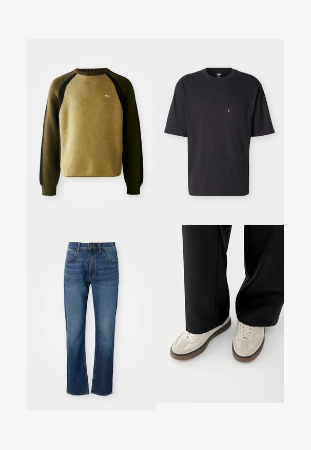 Pull en maille vert olive et noir avec des manches raglan, col rond côtelé et petit logo blanc sur la poitrine. Tissu texturé.; T-shirt noir à manches courtes et col rond avec poche poitrine et petite étiquette logo rouge Levi's sur la poche, sur fond clair uni.; Jean en denim bleu avec un design à jambe droite, comportant cinq poches, une fermeture à boutons et des coutures jaunes contrastantes. Texture lisse.; Pieds portant des baskets beige avec des semelles marron et un pantalon noir à jambes larges sur fond blanc.