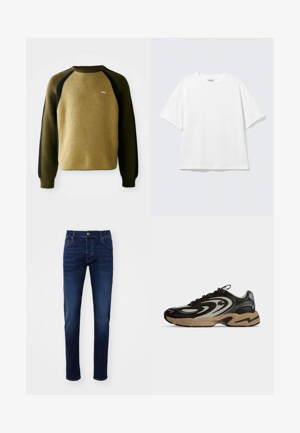 Olijfgroen en zwart gebreid truitje met raglanmouwen, geribbelde ronde hals en klein wit logo op de borst. Getextureerde stof.; Witte oversized T-shirt met korte mouwen, ronde hals en verlaagde schouders, plat op een lichtgrijze achtergrond.; Donkerblauwe slim-fit spijkerbroek met knoop aan de voorkant, zakken, riemlussen en subtiele vervaging details op de benen.; Zwart-beige sneaker met golfachtige patronen, vetersluiting en dikke zool op een effen lichte achtergrond.