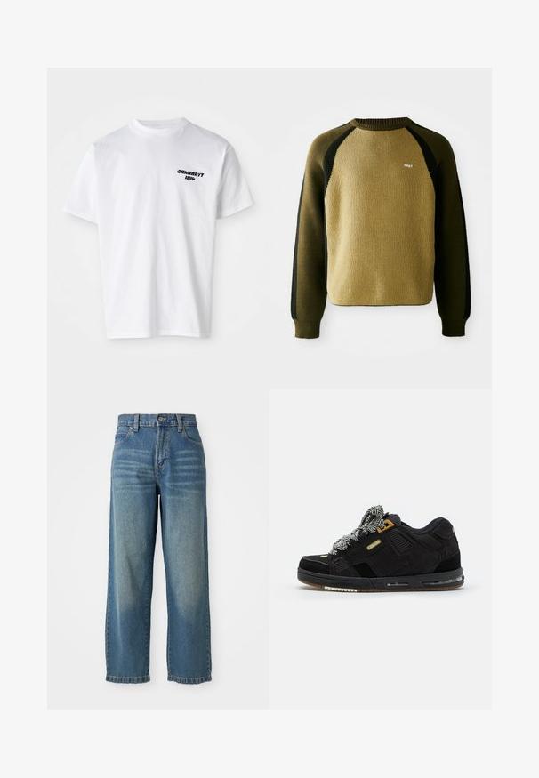 Pull en maille vert olive et noir avec des manches raglan, col rond côtelé et petit logo blanc sur la poitrine. Tissu texturé.; T-shirt en coton blanc avec un col rond. Logo en texte noir sur la partie gauche de la poitrine. Manches courtes, coupe décontractée et texture douce.; Jeans en denim bleu clair à taille haute et à jambes larges, avec cinq poches et une finition légèrement décolorée. Dispose d'une fermeture à bouton et à fermeture éclair.; Globe SABRE - Baskets basses - black