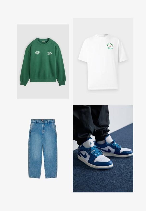 Zelená mikina s okrúhlym výstrihom a rebrovanými manžetami, s bielou grafikou krídlovej pneumatiky a skríženými šachovnicovými zástavami s textom "Levi Strauss & Co.".; Biele tričko s krátkym rukávom s malým zeleným a červeným textom na ľavej strane hrude s nápisom „MJ'S PIZZA OD ROKU 1984 OTVORENÉ 23/7“ s červeným logom.; Svetlomodré džínsy s rovnou nohavicou. Obsahujú predné vrecká, zips a kontrastné stehy po stranách.; Nike Air Jordan tenisky majú bielu koženú základňu s modrými syntetickými akcentmi, perforovanou špičkou a modrými šnúrkami.