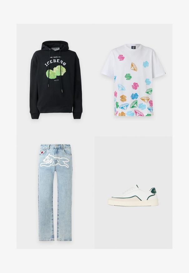 Zwart hoodie met trekkoord en voorop een grafisch ontwerp van een groene ijsbergsla. Bevat bedrukt tekst: "DE SMAAK VAN IJSSLA" en "Sinds 1974."; Witte t-shirt met korte mouwen en kleurrijke dollartekens en diamanten vormen gedrukt over de voorkant en mouwen.; Icecream RUNNING DOG PANT - Straight leg jeans - heavy wash blue; Witte lage sneakers met groene accenten, beige suede details en een crème-kleurige zool met een geribbelde onderkant.