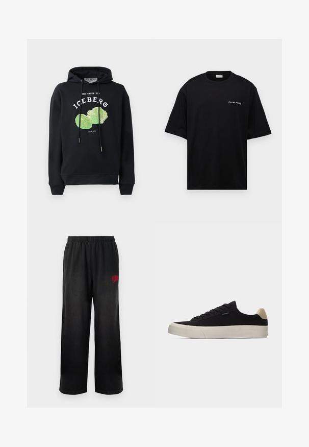 Sort hættebluse med snore og frontgrafik af et grønt salatdesign. Har trykte tekster: "SMAGEN FOR ISBERG" og "Siden 1974."; Sort bomulds t-shirt med en afslappet pasform, korte ærmer og et hvidt "FILLING PIECES" logo på venstre bryst. Glat tekstur.; Sorte sweatpants med elastisk talje og sidelommer. Har rød "Billionaire Boys Club" logo på højre lår. Blød, glat tekstur.; Sort lavsko med beige hælkappe, tyk hvid gummisål, sorte snørebånd og lille "PS Paul Smith" mærke på siden.