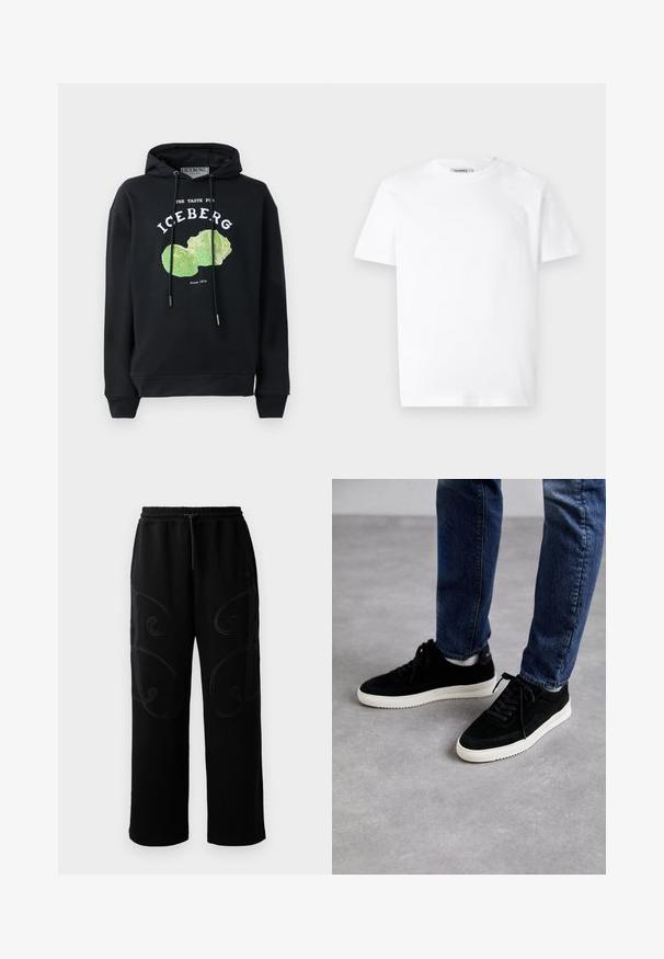 Sort hættebluse med snore og frontgrafik af et grønt salatdesign. Har trykte tekster: "SMAGEN FOR ISBERG" og "Siden 1974."; Hvid bomulds T-shirt med rund hals og korte ærmer. Har et lille, præget logo på venstre bryst. Glat tekstur.; Sorte joggingbukser med en afslappet pasform, der har intrikate spiralmønstre i syningerne langs siderne samt en elastisk talje med snoretræk.; Sorte ruskind sneakers med en hvid gummisål, der har et klassisk low-top design, rundt tå og flade sorte snørebånd.