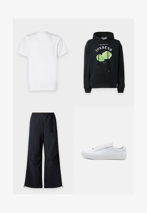 Sudadera negra con cordones y un gráfico frontal de un diseño de lechuga verde. Presenta texto impreso: "EL SABOR DEL ICEBERG" y "Desde 1974."; Camiseta blanca de algodón, de manga corta, con cuello redondo, diseño sin adornos, textura suave, corte recto estándar.; Pantalones negros de pierna ancha hechos de tela ligera. Cuentan con un cinturón, dos grandes bolsillos laterales y dobladillos ajustables con cierres de cordón.; Zapatillas deportivas de cuero blanco con un acabado suave, diseño bajo, punta redonda y suela plana de goma. Con cordones planos y un branding mínimo.