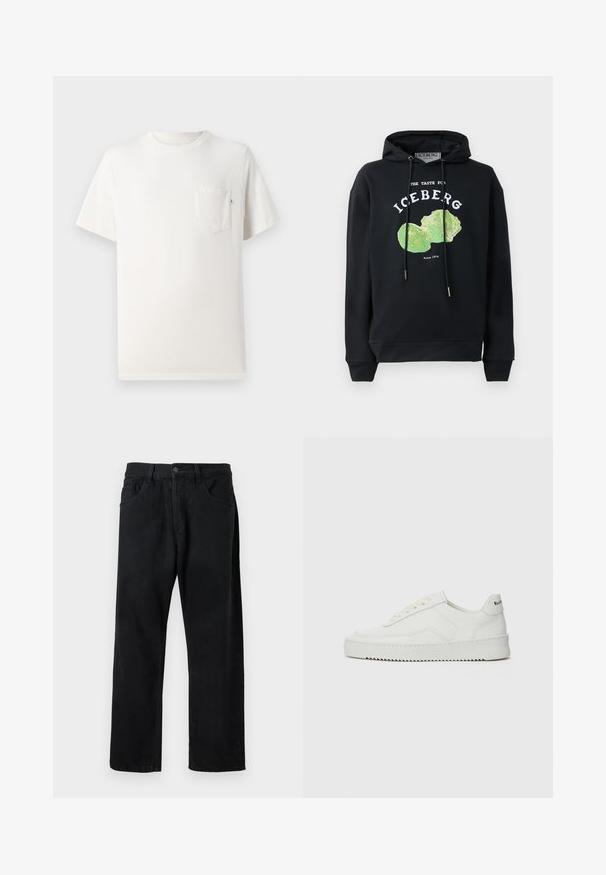 Sort hættebluse med snore og frontgrafik af et grønt salatdesign. Har trykte tekster: "SMAGEN FOR ISBERG" og "Siden 1974."; Hvid bomulds t-shirt med korte ærmer, rund hals og brystlomme. Glat tekstur og minimalistisk design. Ingen synlige mønstre eller accenter.; Sorte jeans lavet af denim, med et klassisk fem-lomme design, lige ben og knaplukning. Glat tekstur, ingen synlige mønstre.; Hvide lædersneakers med en glat overflade, rund tå, flade snørebånd og en tekstureret sål. Har et diskret logo på hælen.