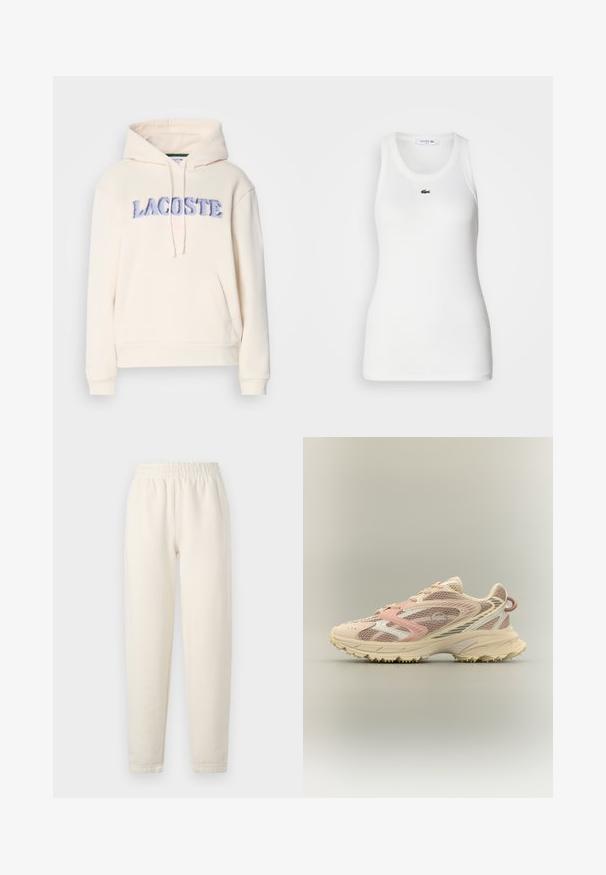 Lacoste Mikina s kapucňou - lapland; Biela bezrukávová tielko s okrúhlym výstrihom a rebrovanou textúrou. Na hrudi má malú zelenú kroko logo Lacoste.; Krémové tepláky vyrobené z mäkkého materiálu. Majú elastický pás a nohavice so zúženým strihom s jemnými švovými detailmi.; Bežecká obuv s ružovou, béžovou a krémovou sieťovinou a syntetickými prekrytiami, robustná podrážka a textúrovaná podrážka pre lepšiu priľnavosť, bočný pohľad.