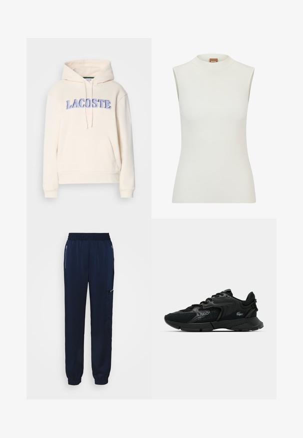 Lacoste Hættetrøje - lapland; Hvid, ærmeløs top med høj halsudskæring, der har en ribbet tekstur og et tætsiddende design. Brandlabel "BOSS" synlig på kraven.; Mørkeblå joggers med en smocket talje, taperede ben og lynlåslommer i siderne. Lavet af et glat stof med en subtil glans.; Sort atletisk sneakers med mesh og syntetiske materialer, strukturerede detaljer, snørebånddesign og fremtrædende logo på siden.