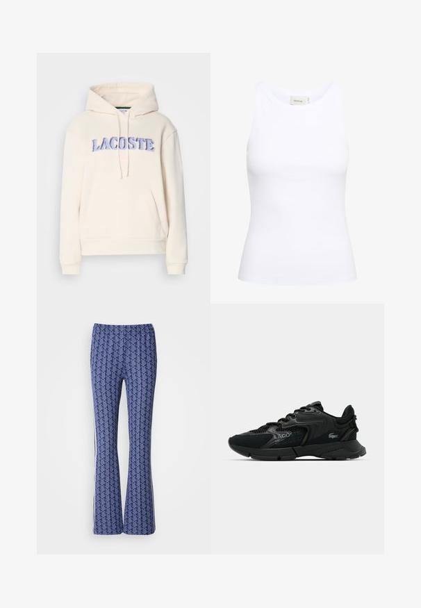 Lacoste Kapuzenpullover - lapland; Weißes, geripptes Tanktop mit Rundhalsausschnitt und ohne Ärmel. Elastisches Material und figurbetontes Design. Das Etikett auf der Rückseite trägt die Aufschrift "GESTUZ."; Blaue gemusterte Schlaghosen mit geometrischem Design, elastischem Bund und weißen Streifen an den Seiten. Glatte Textur auf der gesamten Fläche.; Schwarzer Sportschuh aus Mesh und synthetischen Materialien, mit strukturierten Akzenten, Schnürdesign und prominentem Logo an der Seite.