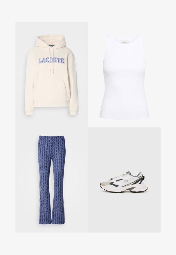 Lacoste Hoodie - lapland; Witte geribde tanktop met een ronde halslijn en zonder mouwen. Rekbaar materiaal en een aansluitend ontwerp. Het label op de achterkant zegt "GESTUZ."; Blauwe, gepatineerde broek met een geometrisch ontwerp, elastische tailleband en witte strepen aan de zijkanten. Glad oppervlak overal.; Witte en grijze sneakers met een bovenwerk van mesh, zwarte accenten en een gestructureerde zool. Voorzien van veters, merkdistinties en contrasterende ontwerpelementen.