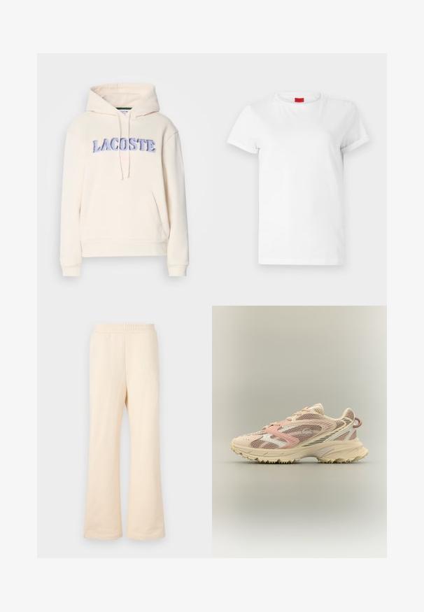 Lacoste Mikina s kapucňou - lapland; Biela krátka tričko s krátkym rukávom vyrobené z ľahkej bavlny. Má okrúhly výstrih a zamotané rukávy. Červená logo nálepka na golieri.; Béžové široké teplákové nohavice vyrobené z mäkkej bavlny, s elastickým pásom a jemne vyšitým logom na ľavej prednej strane.; Bežecká obuv s ružovou, béžovou a krémovou sieťovinou a syntetickými prekrytiami, robustná podrážka a textúrovaná podrážka pre lepšiu priľnavosť, bočný pohľad.
