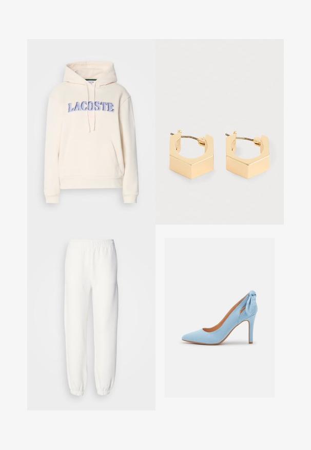 Lacoste Jersey con capucha - lapland; Pantalones de chándal blancos hechos de un suave tejido de punto. La cintura y los puños elásticos ofrecen un ajuste relajado. Diseño minimalista, sin patrones o acentos visibles.; Zapato de tacón alto de ante azul claro con punta afilada y un pequeño lazo en la parte trasera. Presenta un diseño elegante y plantilla color tostado.; Un par de pendientes en forma de aro geométrico pequeño en tono dorado, con bordes angulares y cierres de tipo poste, sobre un fondo claro.