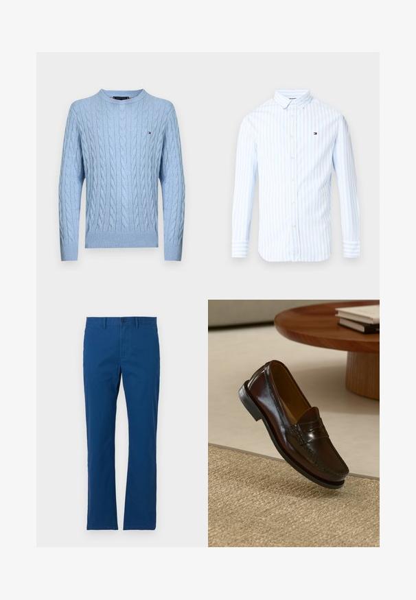Lichtblauwe kabelgebreide trui met lange mouwen, ribgebreide boorden en zoom, met een klein Tommy Hilfiger-logo op de borst.; Heren overhemd met lange mouwen en knopen, met lichtblauwe en witte verticale strepen en een klein rood, wit en blauw logo op de borst.; Blauwe broek met rechte pijpen, voorknopen en riemlussen, weergegeven tegen een effen witte achtergrond.; Bruine leren instappers met een glanzende afwerking, voorzien van een gestikt detail aan de voorkant en een low-profile zwarte rubberen zool.