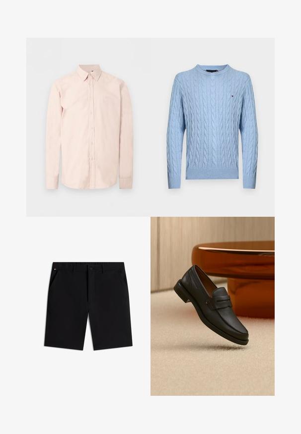 Pull à manches longues en maille torsadée bleu clair avec poignets et ourlet côtelés, avec un petit logo Tommy Hilfiger sur la poitrine.; Chemise rose clair à manches longues avec boutons, col pointu, logo discret sur la poitrine et poignets boutonnés sur un fond blanc uni.; Short noir ajusté avec bouton à l'avant, passants de ceinture, poches latérales et une petite étiquette logo sur la poche gauche.; Mocassin homme en cuir noir avec une bande sur le dessus, présenté sur un tapis beige près d'une table ronde moderne marron.
