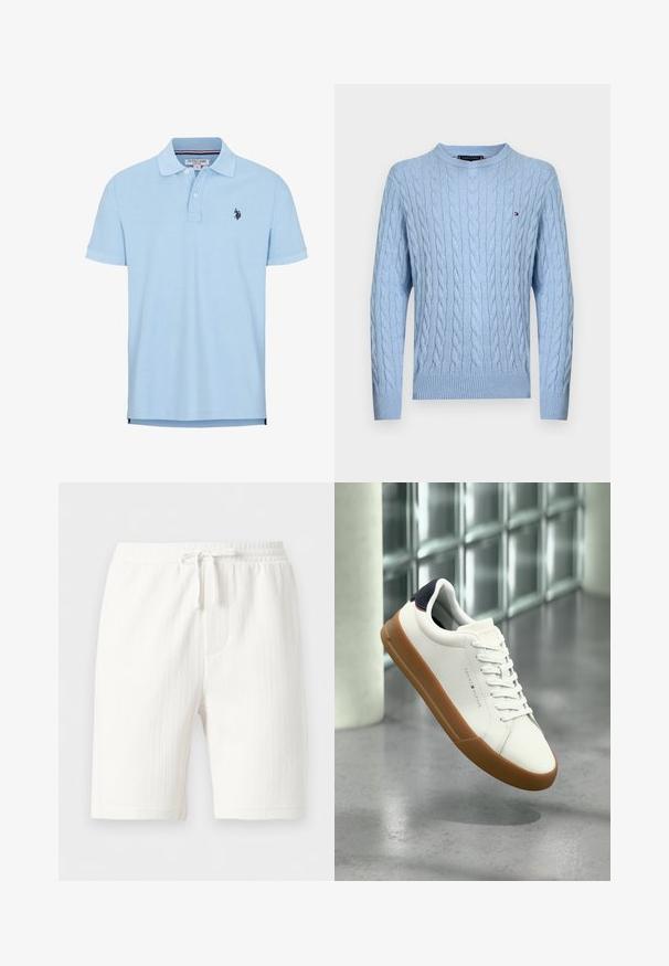 Lyseblå kabelstrikket trøje med lange ærmer og ribstrikkede ærmer og kant, med et lille Tommy Hilfiger-logo på brystet.; Lyseblå kortærmet polo skjorte lavet af blød bomuld. Har en tre-knaps lukning, krave og broderet logo på brystet.; Hvide teksturerede shorts med elastisk talje og snøre, knælange, med sidelommer og afslappet pasform.; Hvid lavtop-sneaker med brun sål og sort hælkappe, svævende over gråt gulv i et moderne rum.