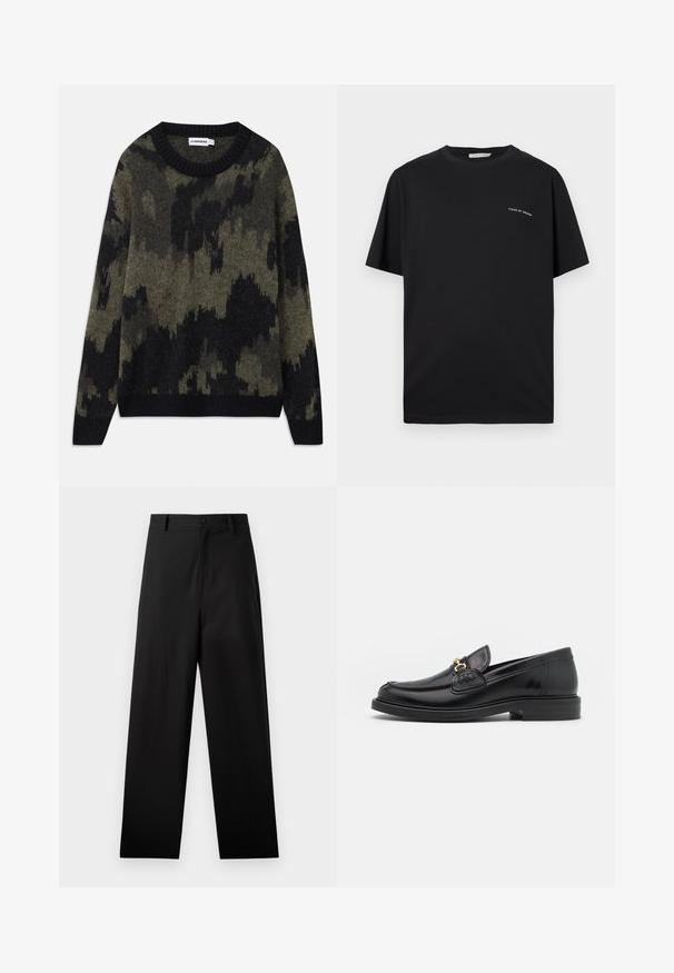 Gebreide trui met een zwart en olijfgroene camouflagepatroon. Klassieke ronde hals, ribgebreide kraag en manchetten, medium textuur.; Zwart T-shirt met korte mouwen, met het tekstlogo "Tiger of Sweden" op de linkerbovenborst, ronde hals en reguliere pasvorm.; Zwarte broek van katoen met een rechte pijpdesign, voorzien van een sluiting met een knoop aan de voorkant en zijzakken. Gladde textuur, geen patronen.; Zwarte leren instappers met een ronde neus, voorzien van een gouden hardware accent en stikdetails, geplaatst op een lage, getextureerde rubberen zool.