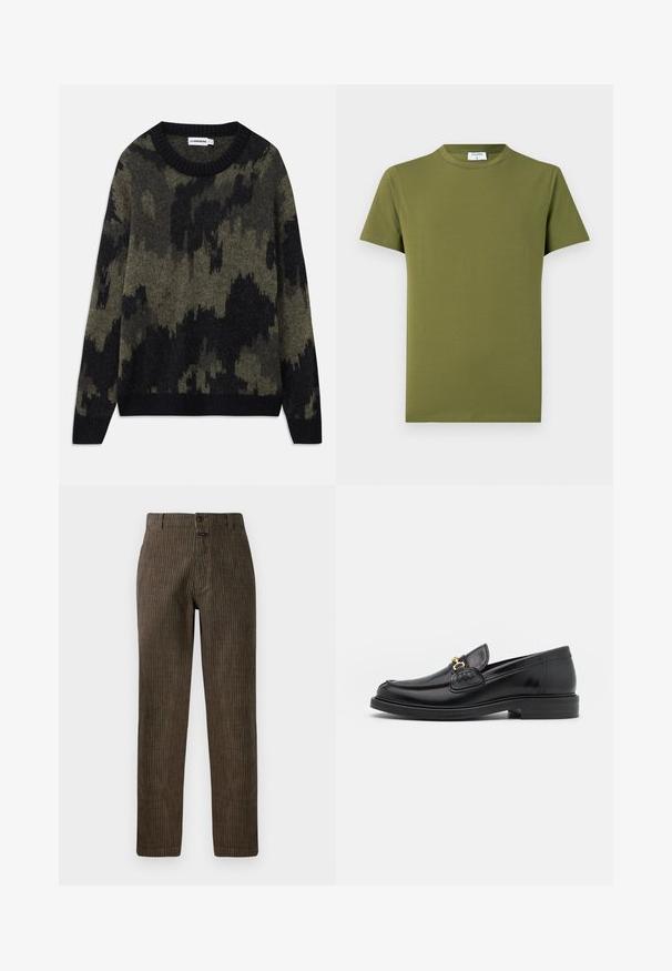 Gebreide trui met een zwart en olijfgroene camouflagepatroon. Klassieke ronde hals, ribgebreide kraag en manchetten, medium textuur.; Olijfgroen T-shirt met korte mouwen gemaakt van zachte, gladde stof. Klassieke ronde hals, strakke lijnen, zonder zichtbare patronen of accenten.; Bruine corduroy broek met verticale strepen, een rechte pasvorm en een frontsluiting met knoop. Soepele textuur met een klassiek ontwerp.; Zwarte leren instappers met een ronde neus, voorzien van een gouden hardware accent en stikdetails, geplaatst op een lage, getextureerde rubberen zool.