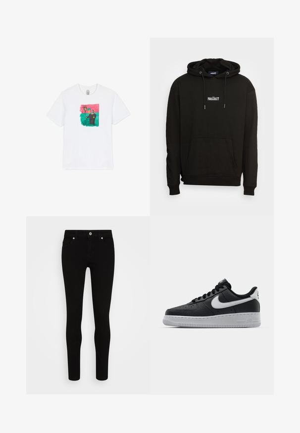 Hoodie en coton noir avec capuche à cordon, poche frontale et logo "PROJECT" imprimé en blanc sur la poitrine. Manches et ourlet côtelés.; T-shirt en coton blanc avec un dessin abstrait coloré représentant un soleil et une silhouette sur fond vert, encadré de rose. Manches courtes.; Jean skinny noir avec une texture lisse, conception à cinq poches, fermeture à bouton sur le devant et silhouette épurée. Style minimaliste sans motifs visibles.; Baskets en cuir noir avec surface texturée, swoosh Nike blanc, semelle grise, bout rond et design à lacets. Comprend des perforations sur la boîte à orteils.