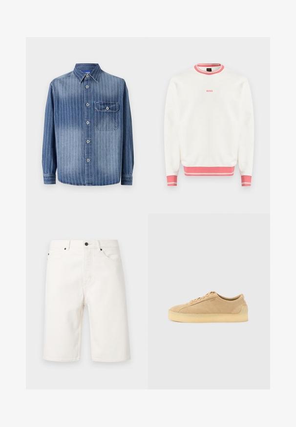 Sweatshirt blanc à manches longues avec col, poignets et ourlet côtelés roses, arborant un petit logo "BOSS" rose centré sur la poitrine.; Chemise en denim avec des rayures verticales bleu clair, col classique, fermeture à boutons, poche sur la poitrine gauche et manches longues avec poignets boutonnés.; Short en denim blanc avec bouton et fermeture éclair à l'avant, passants pour ceinture et design à cinq poches, présenté sur un fond uni.; Baskets basses en daim beige avec semelle épaisse en gomme, fermeture à lacets à l'avant, et logo discret sur le côté, sur un fond uni gris clair.