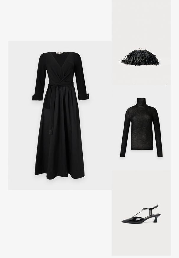 Haut à col roulé noir en tissu léger et texturé, avec manches longues et coupe ajustée. Style épuré et minimaliste, sans motifs.; Robe longue noire avec un décolleté en V, des manches longues et une ceinture nouée. Fabriquée en tissu lisse avec une jupe évasée et des manches à poignet.; Chaussure slingback en cuir verni noir à bout pointu avec bride en T et petit talon bloc incliné sur fond blanc.; Pochette noire à franges avec fermoir argenté et chaîne, sur un fond clair uni.