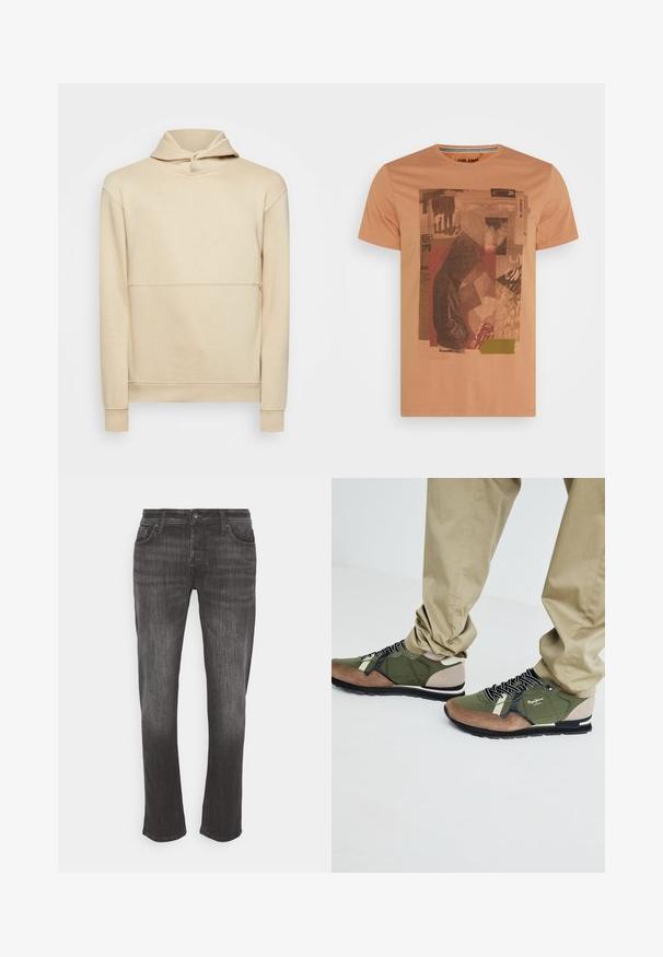 Beige Pullover aus weichem Stoff, mit hohem Kragen, gerippten Bündchen und einer horizontalen Naht über der Brust. Minimalistisches Design.; Pfirsichfarbenes Baumwoll-T-Shirt mit grafischem Druck, das abstrakte Formen und Text in Braun, Grün und Weiß zeigt. Rundhalsausschnitt, kurze Ärmel.; Dunkelgraue Jeans aus Denim mit geradem Bein, ausgestattet mit einem Knopfverschluss, fünf Taschen und subtiler Ausbleichung für mehr Textur.; Grüne und braune Sportschuhe aus Wildleder und Nylon, mit schwarzen Schnürsenkeln, einem gemusterten Design und einer Gummisohle.
