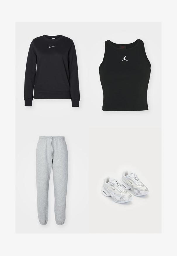 Zwarte sweatshirt van een katoenmix, met geribde cuffs en zoom, ronde halslijn en zilveren Nike-logo op de borst.; Zwarte, op maat gemaakte tanktop van katoen, met een ronde halslijn en een wit Jordan-logo dat op het midden van de voorkant is gestikt. Soepele textuur.; Grijze sweatpants gemaakt van zachte, gestructureerde stof. Voorzien van een elastische tailleband met koord, taps toelopende enkels en zonder zichtbare patronen of logo's.; Witte sportieve schoenen met een bovenwerk van mesh en zilveren accenten, in een unieke vorm en met luchtkussen in de hiel. Gespannen ontwerp met logo.