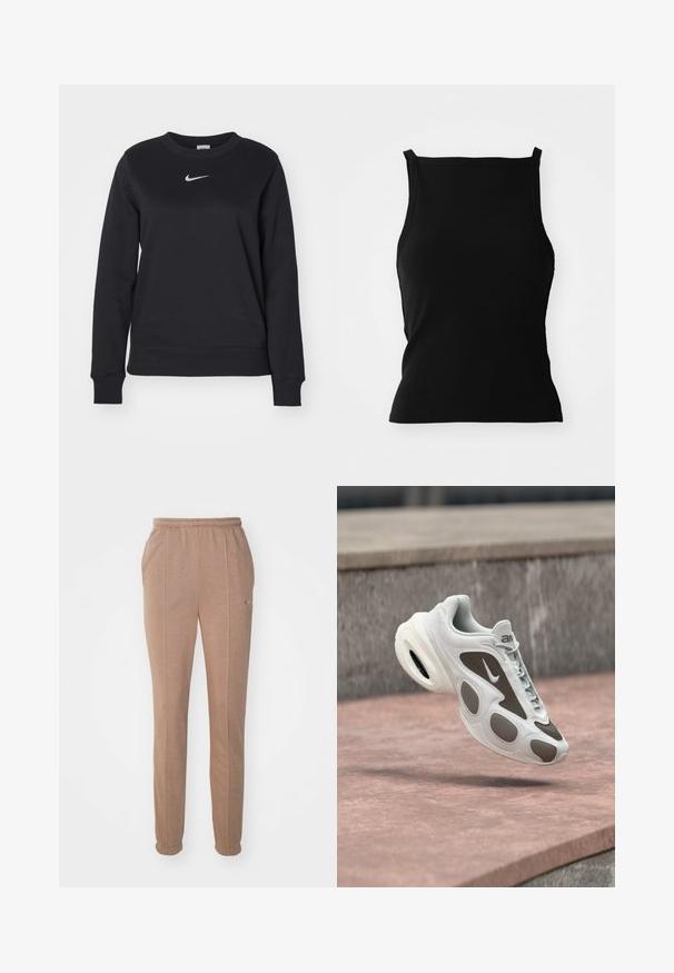Čierna mikina vyrobená z bavlnenej zmesi, s rebrovanými manžetami a lemom, okrúhlym výstrihom a strieborným logom Nike na hrudi.; Čierny rebrovaný top na ramienka s priliehavým strihom, širokými ramienkami a skráteným lemom. Hladká textúra, jednoduchý dizajn, bez vzorov alebo akcentov.; Hnedé športové nohavice s elastickým pásom, bočnými vreckami, zúženými nohavicami a nenápadným logom Nike. Vyrobené z mäkkého, textúrovaného materiálu.; Biela a sivá teniska Nike vznášajúca sa nad kamenným povrchom s predným šnurovaním a viditeľným vzduchovým tlmením v podrážke.