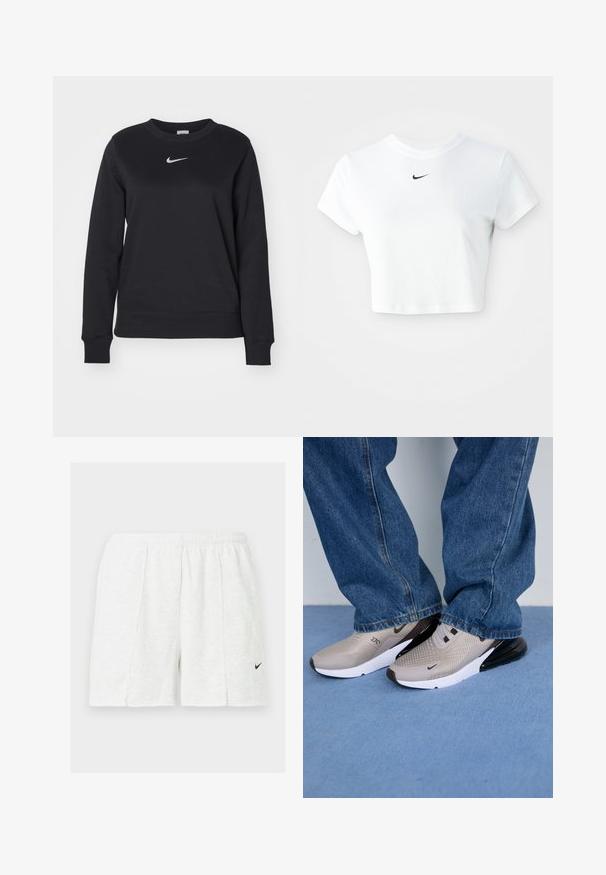 Schwarzes Sweatshirt aus Baumwollmischung mit gerippten Bündchen und Saum, rundem Ausschnitt und silbernem Nike-Logo auf der Brust.; Weißes, kurz geschnittenes T-Shirt aus Baumwolle mit kurzen Ärmeln und rundem Ausschnitt, versehen mit einem schwarzen Nike-Logo auf der Brust.; Weiße Sportshorts mit elastischem Bund und schwarzem Nike-Swoosh-Logo am linken Bein, auf einfarbigem Hintergrund dargestellt.; Graue Sneaker mit Mesh-Obermaterial, schwarzen Akzenten und weißer Sohle. Getragen mit lockeren blauen Jeans, die teilweise die Schuhkanten verdecken.