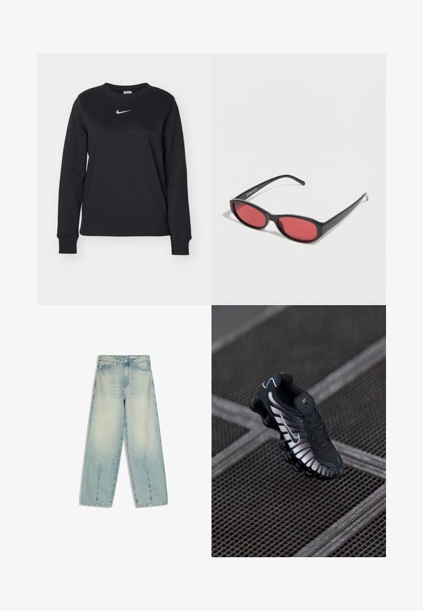 Sort sweatshirt lavet af bomuldsblanding, med ribbede manchetter og kant, rund halsudskæring og sølvfarvet Nike-logo på brystet.; Lyseblå denimjeans med vide ben, forlommer, bæltestropper, knaplukning og diskrete falmede detaljer.; Sort atletisk sko med tekstureret mesh-overdel, sølv accenter, svangstøtte og polstret sål med en fremtrædende segmenteret design.; Sorte ovale solbriller med tynde arme og rødtonede linser, der ligger på en hvid overflade.
