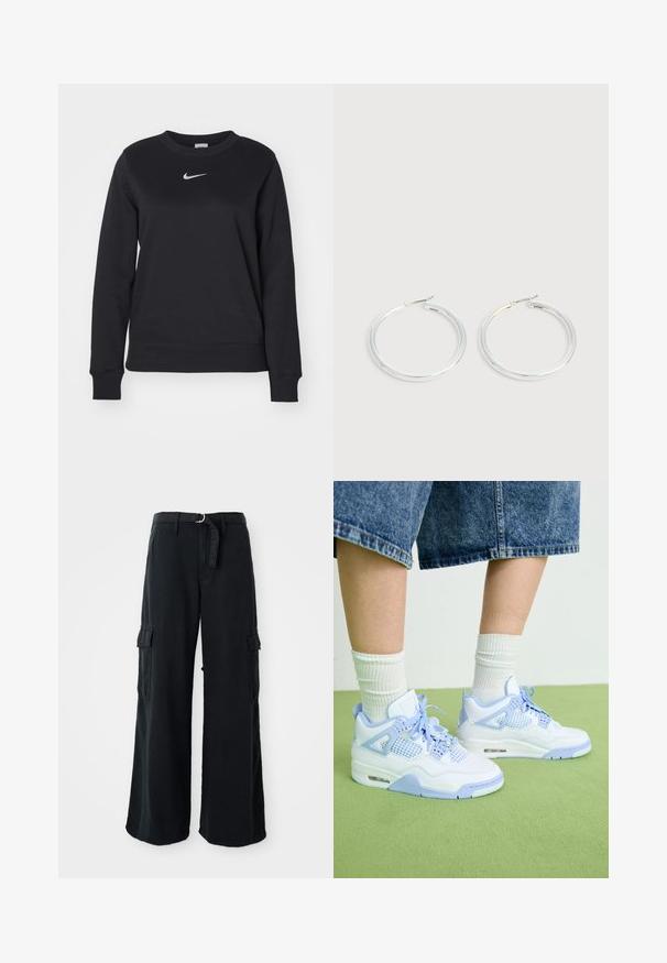 Zwarte sweatshirt van een katoenmix, met geribde cuffs en zoom, ronde halslijn en zilveren Nike-logo op de borst.; Zwarte wijde cargobroek van katoen met een strikceintuur, voorzien van twee zijzakken en een soepele stoftextuur.; Witte en lichtblauwe sneakers met gaasaccenten, een ronde neus, veters en een luchtkusseneenheid, gecombineerd met witte geribde sokken en denim short.; Een paar glanzende zilveren oorringen met dunne draadafsluitingen, getoond op een lichtgrijze achtergrond.