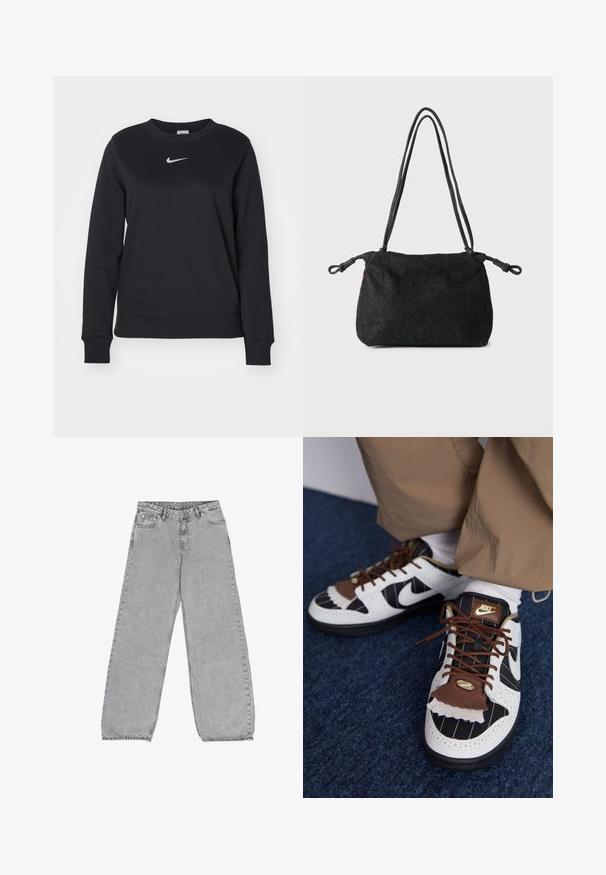 Sort sweatshirt lavet af bomuldsblanding, med ribbede manchetter og kant, rund halsudskæring og sølvfarvet Nike-logo på brystet.; Grå brede jeans lavet af denim, med et klassisk fem-lomme design og høj talje, samt subtile falmninger og sy-detaljer.; Nike sneakers med hvide, sorte og brune materialer. Har en tekstureret brun klaff, stribet design og traditionel snøring med guld accenter.; Sort denim skuldertaske med dobbelte rebstropper og knuder i enderne på hver side, sat mod en ensartet hvid baggrund.