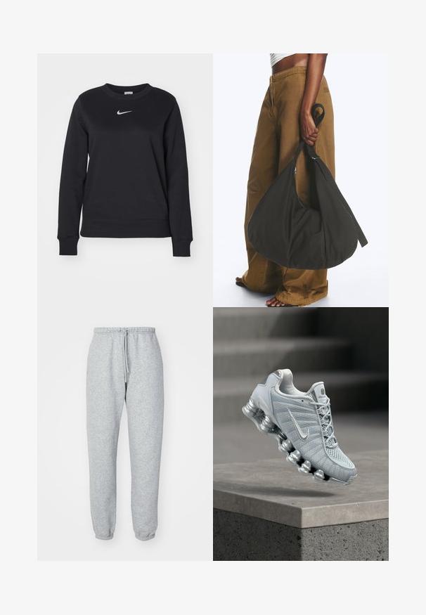 Must värvi puuvillaseguse sweatshirti, millel on soonik cuffid ja hem, ümmargune kaelus ning hõbedane Nike logo rinnas.; Hallid hallid treeningpüksid, mis on valmistatud pehmest, tekstureeritud kangast. Omavad elastset vööd nööriga, kitsenevaid pahkluupesasid ning ei sisalda nähtavaid mustreid ega logosid.; Heleroheline Nike jooksujalats pehmendatud vedrustusega tallaga, hõljumas betoonserva kohal, uduse trepi taustaga.; Isik kannab pruune laia säärega pükse ja valget topi, hoides oma külje peal suurt musta pehmet käekotti sangast kinni.
