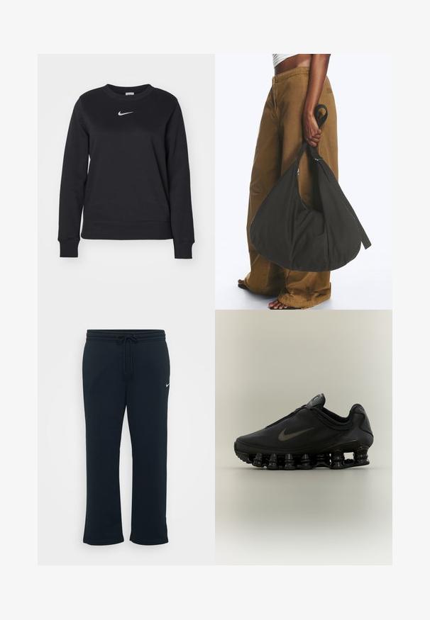 Čierna mikina vyrobená z bavlnenej zmesi, s rebrovanými manžetami a lemom, okrúhlym výstrihom a strieborným logom Nike na hrudi.; Čierne tepláky s elastickým pásom a nastaviteľnou šnúrkou. Obsahujú malé biele logo Nike na ľavej strane. Mäkká textúra látky.; Čierna teniska Nike so zipsom na hornej časti a výraznou pružinovou podrážkou v oddelených segmentoch, zobrazená z profilu na neutrálnom pozadí.; Osoba nosiaca hnedé široké nohavice a biely top drží veľkú čiernu mäkkú kabelku za popruh pri svojom boku.