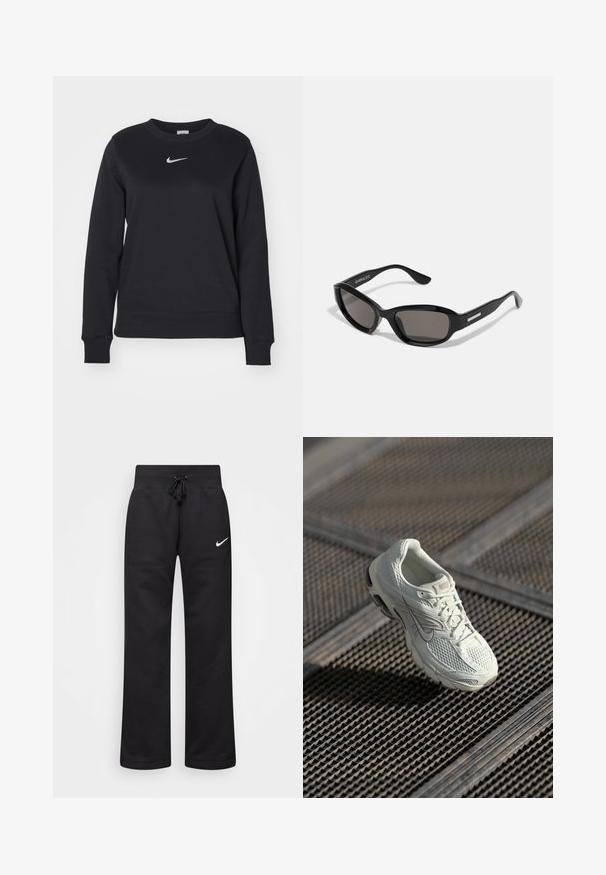 Zwarte sweatshirt van een katoenmix, met geribde cuffs en zoom, ronde halslijn en zilveren Nike-logo op de borst.; Zwarte sweatpants van een katoenmix, voorzien van een tailleband met koord, rechte pijpen, en een wit Nike-logo aan de linkerzijde.; Witte Nike hardloopschoen met bovenwerk van mesh en synthetisch materiaal, rustend op een metalen roostervloer in zacht natuurlijk licht.; Zwarte zonnebril met een rechthoekig frame, donkere lenzen, gladde plastic materiaal en een metalen accent op de poot.